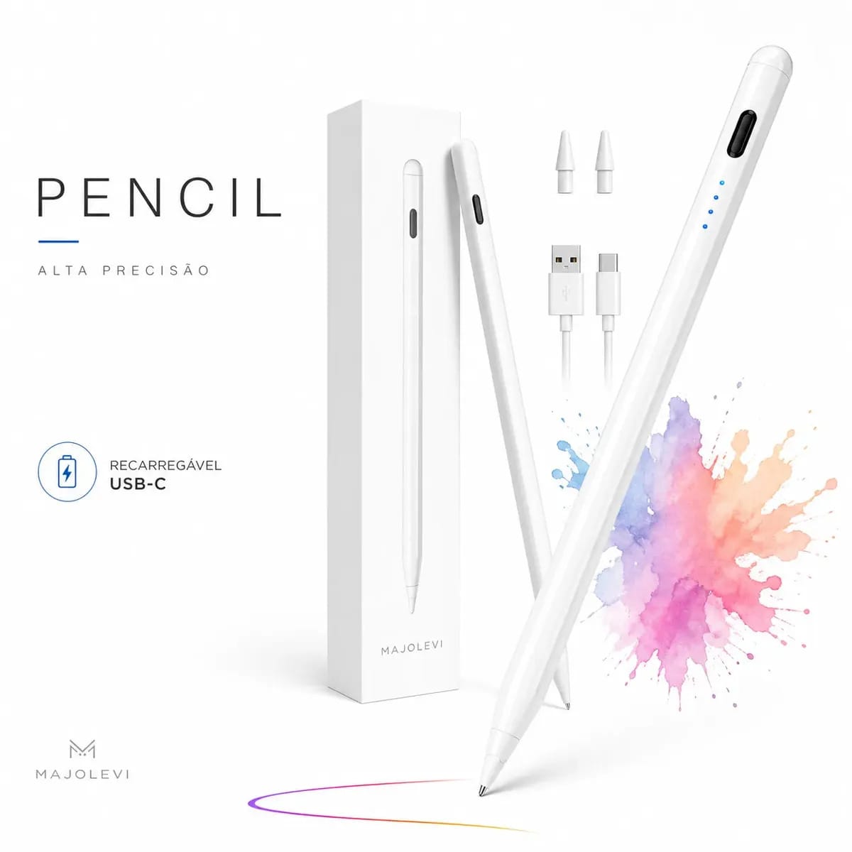 Caneta Pencil Recarregável Alta Precisão Para iPad Tablet Android Ios Tipo C Apple Pencil Branca Majolevi