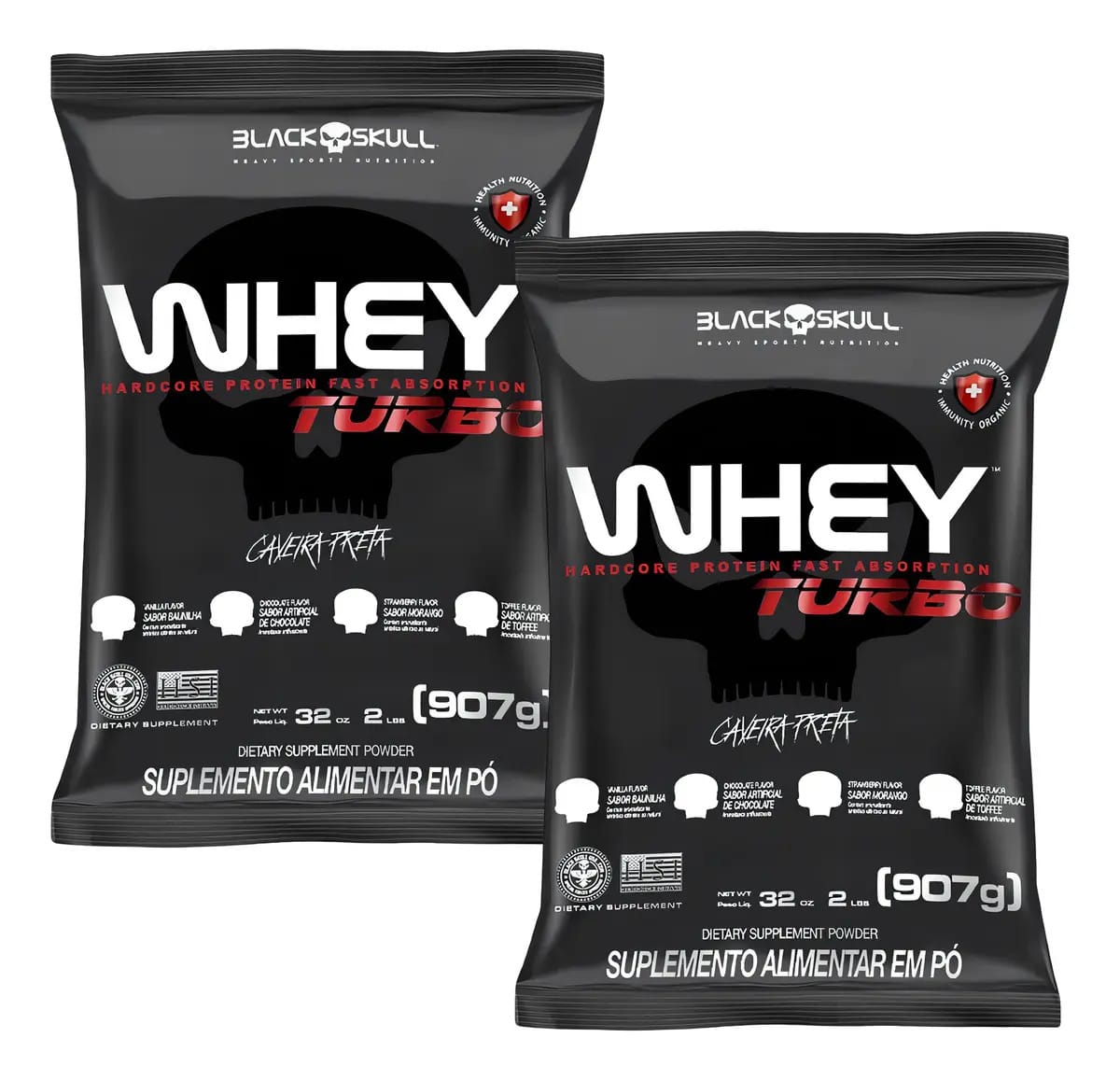 Kit 2x Whey Turbo Refil 907g - Caveira Preta - Black Skull Sabor Morango