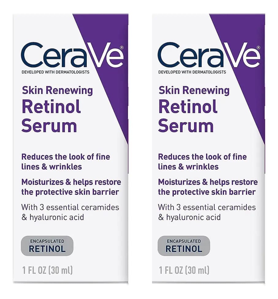 Cerave Serum Skin Renewing Retinol 2 frascos de 30 ml Horário de aplicação Dia/Noite Tipo de pele Todos os tipos de pele