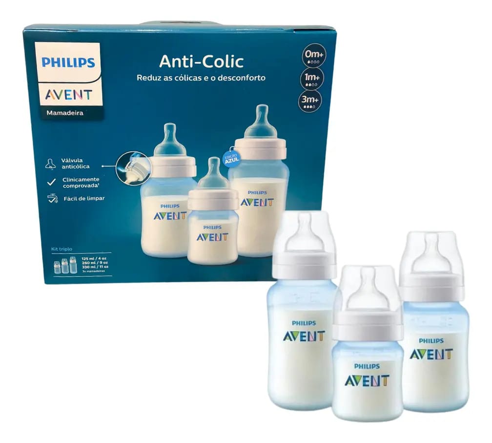 Kit Avent Classic 3 Mamadeiras 125/260/330ml - Azul