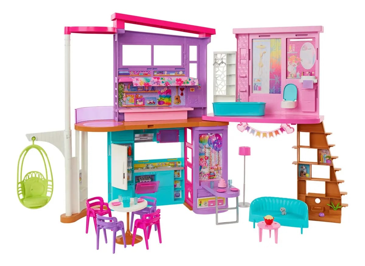 Barbie, casa de bonecas natalina com mais de 30 acessórios, brinquedos para meninas de 3 anos ou mais, 6 áreas de entretenimento, design moderno, inclui cadeira giratória