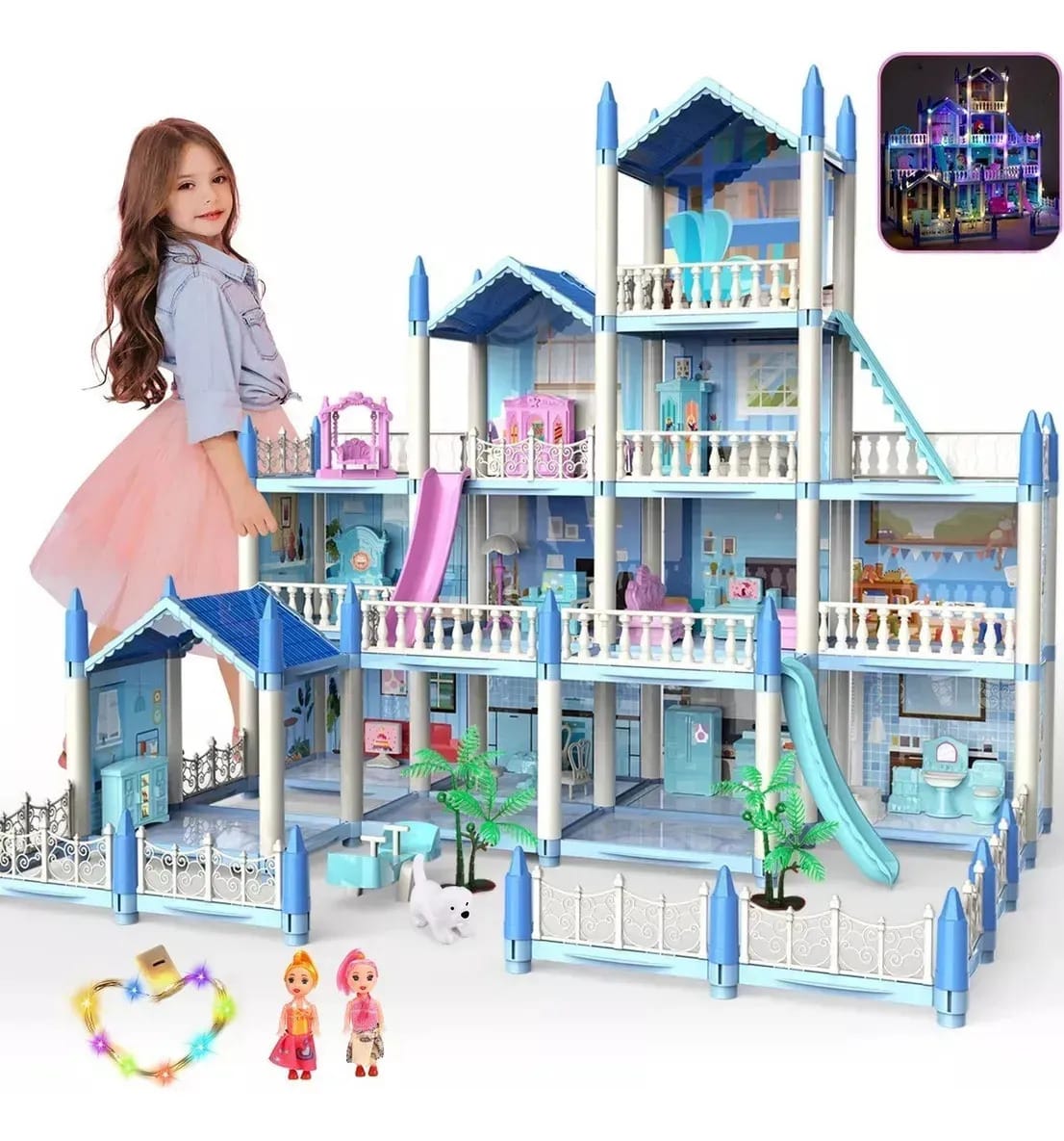 Casa de bonecas Belosindiy com luzes, azul, presente para meninas, casa de bonecas grande, casa azul, casa dos sonhos da Barbie, casas de montagem
