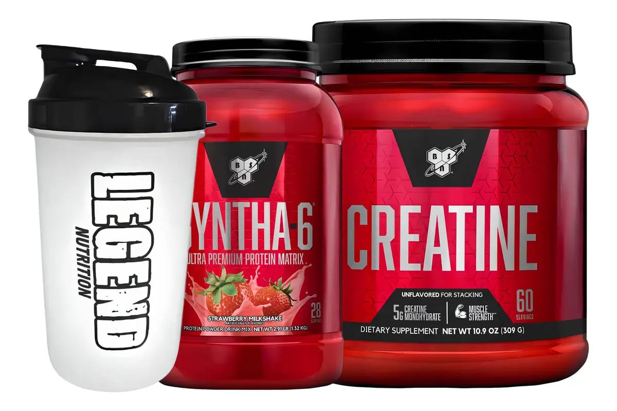 Suplemento de creatina Bsn + Suplemento de morango Bsn Matrix + Legend Glass