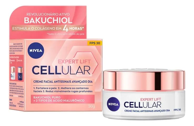 NIVEA Creme Facial Antissinais Cellular Lift Dia FPS 30 50ml, Fortalece a Pele, Reduz Rugas, Estimula Colágeno, Bakuchiol Puro, Cuidado Diário