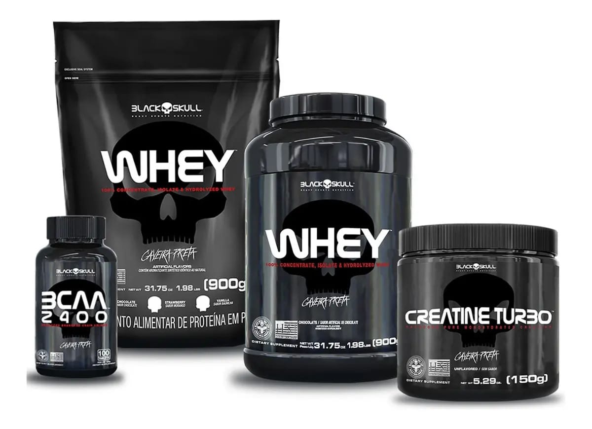 Kit Whey 2x + Bcaa + Creatina Black Skull Sabor Baunilha e chocolate