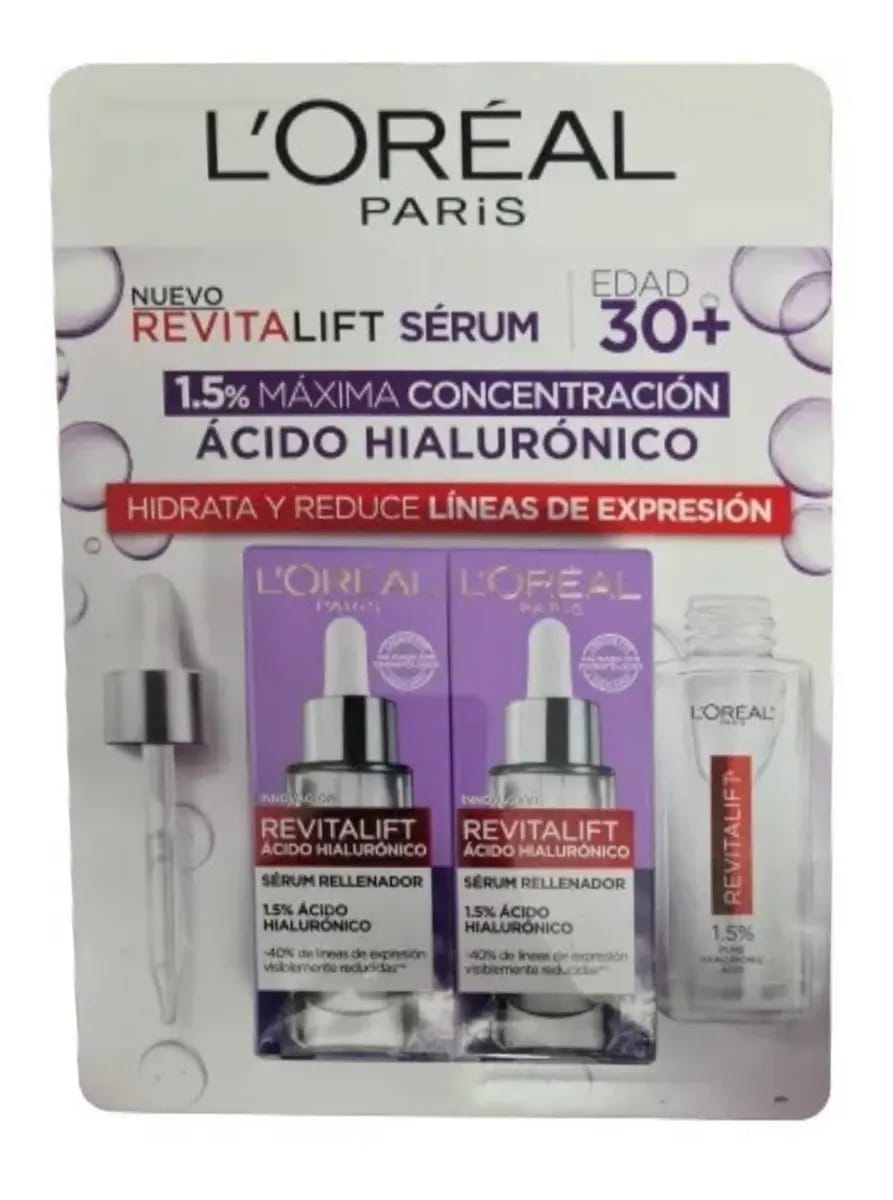 Pacote com 2 unidades de sérum de ácido hialurônico Loreal Revitalift 1,5%, 30 ml, tipo de pele +30