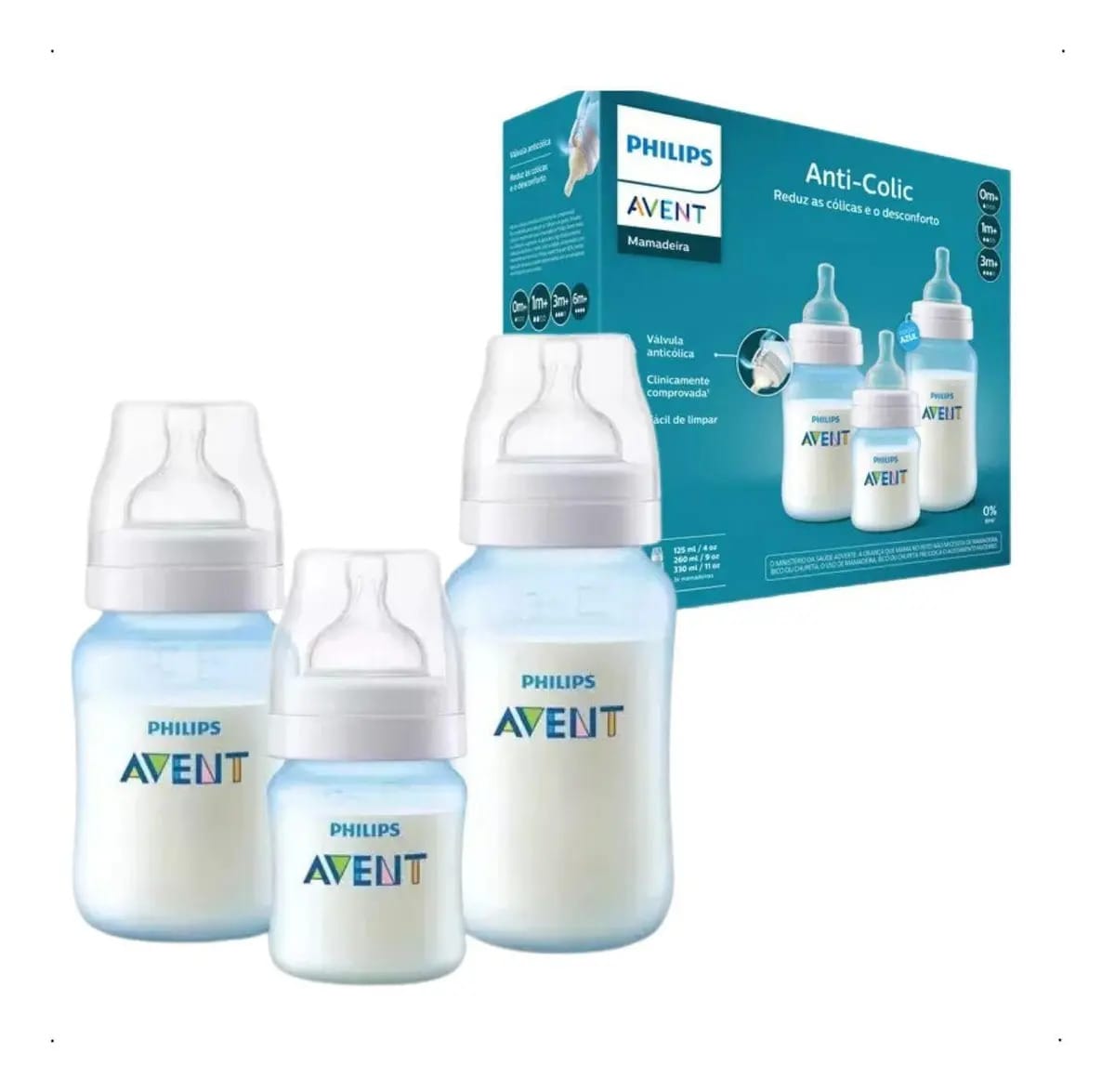 Kit 3 Mamadeiras Philips Avent Anti Cólica 125ml 260ml 330ml Cor Azul
