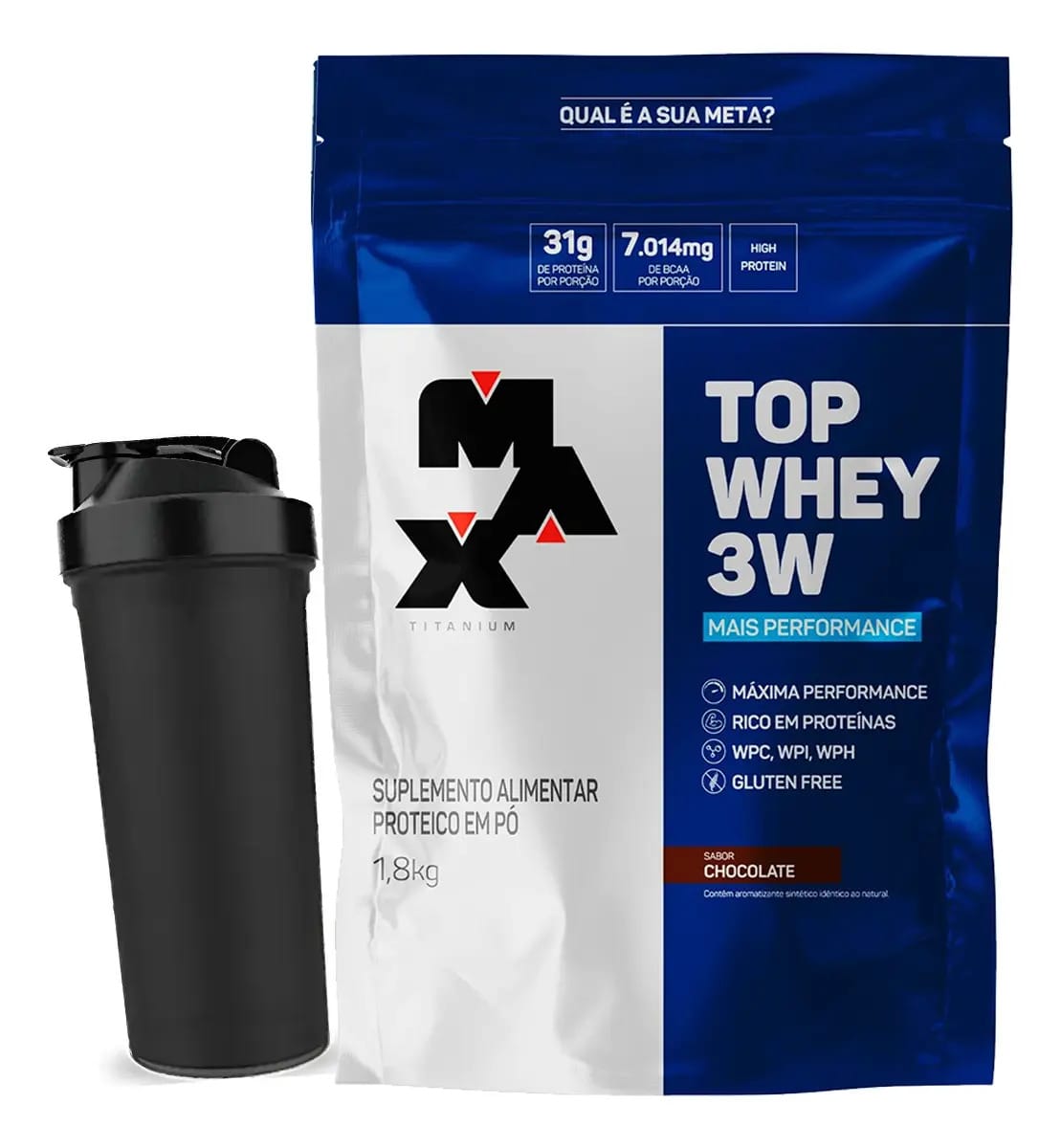 Top Whey 3w Protein Refil 1,8kg Max Titanium + Coqueteleira Sabor Chocolate