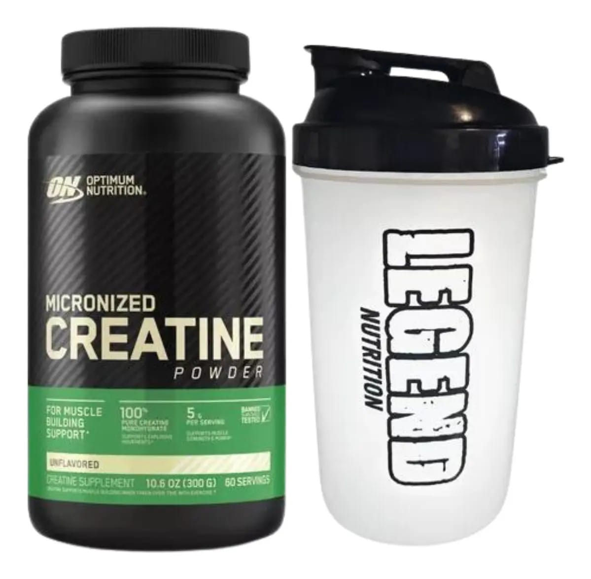 Pote de suplemento de creatina em pó micronizada On Optimum Nutrition 300g Legend Nutrition Glass 600ml