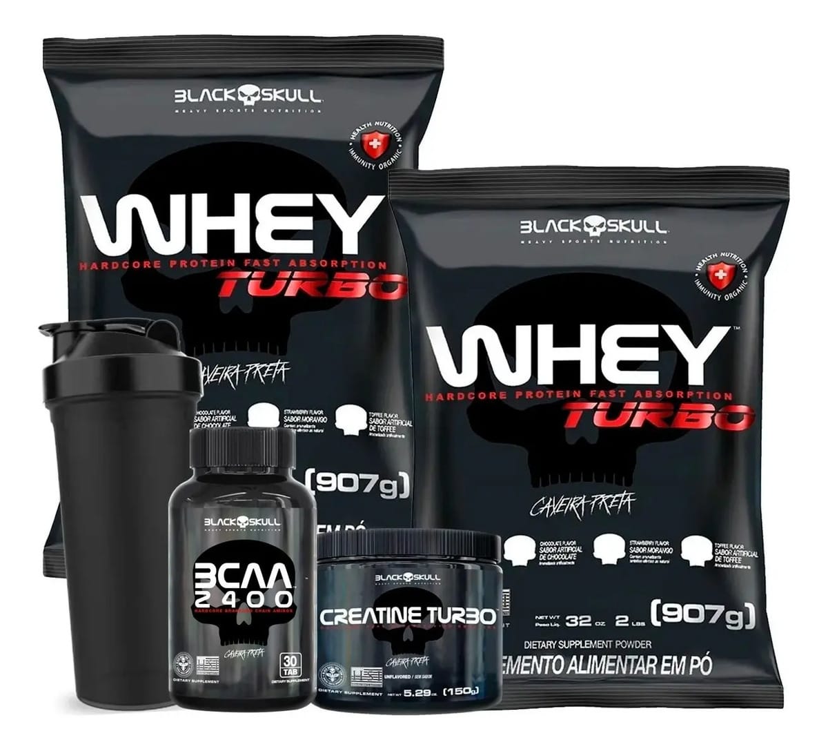 Combo 2x Whey Concentrado + Bcaa + Creatina Black Skull Sabor Toffe