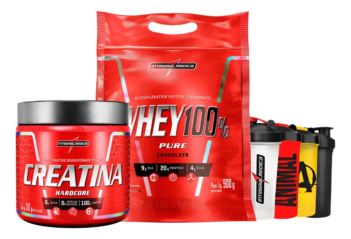 Kit Integralmédica 100% Whey Chocolate + Creatina + Shaker Chocolate