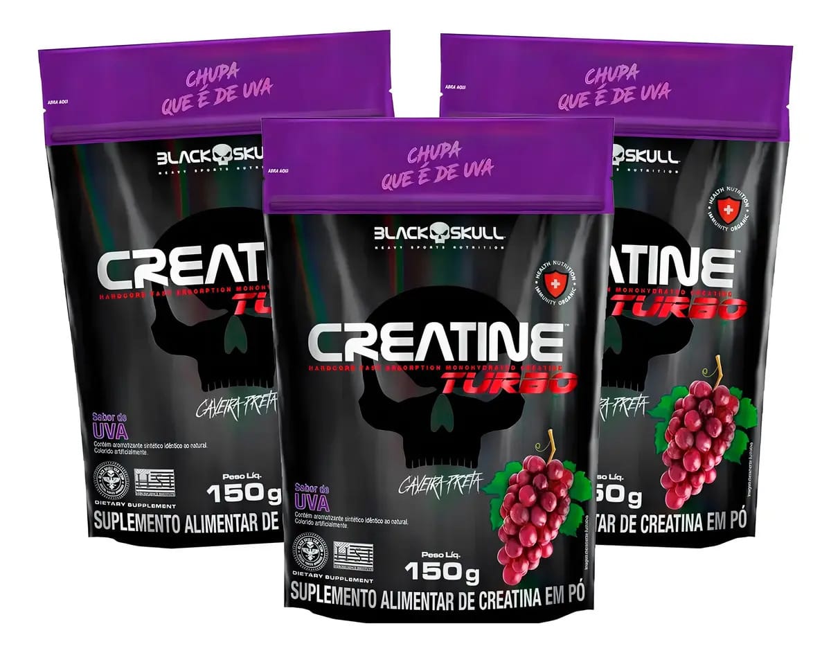 3x Creatina Turbo Refil 150g - Black Skull Sabor Uva