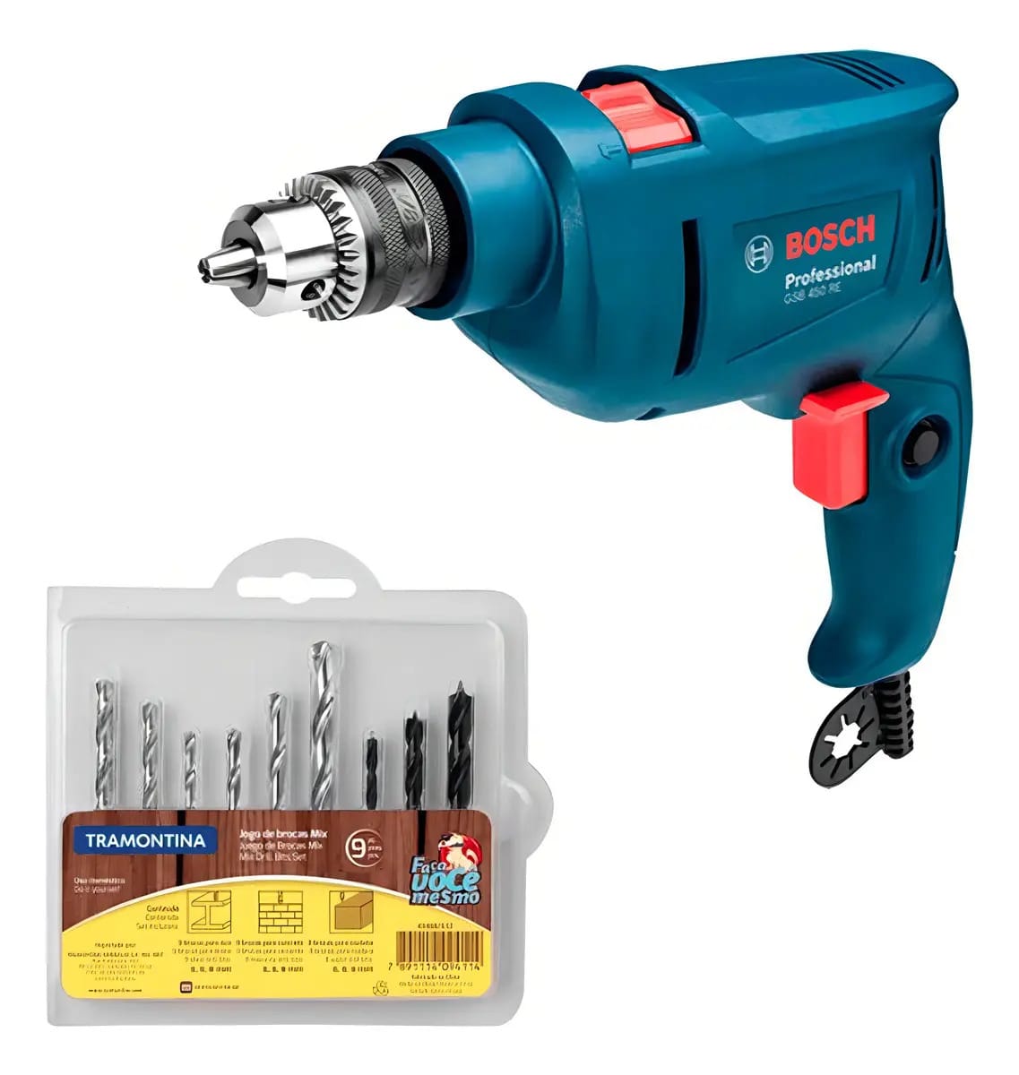 Kit Furadeira Impacto Bosch Gsb450 E Jogo Brocas Tramontina Cor Azul