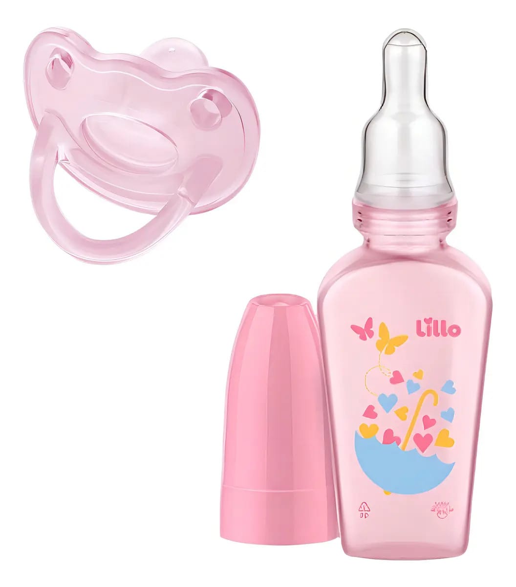 Kit Bebê RN Lillo Mamadeira 50ml Chupeta Silicone Rosa Menina Livre de BPA
