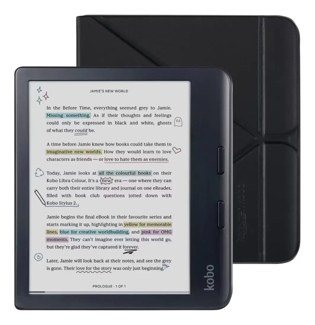 Leitor eletrônico Kobo Libra Colour Black de 32 GB com capa de dormir, capa preta