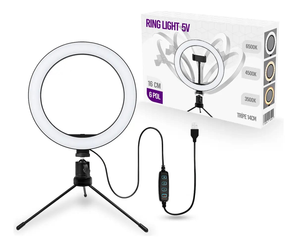 Ring Light 6 Polegadas Ring Fill Light 15W Preto LED 3 Tons