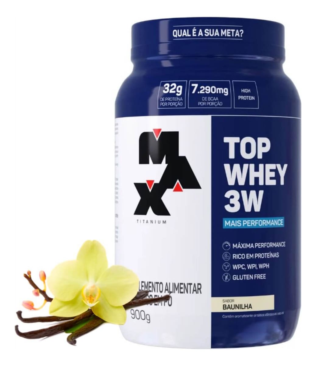 Proteína Whey 3W Max Titanium de Baunilha, Pote 900g