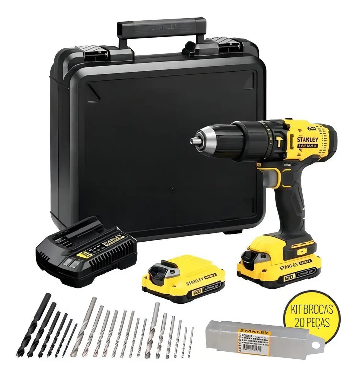 Parafusadeira Furadeira 2 Baterias + Kit Brocas Stanley