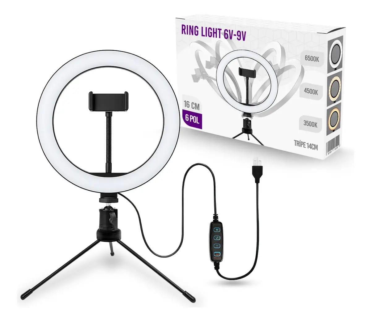 Ring Light LED Ring Fill Light 16cm 3 Cores Com Tripé e Controle USB