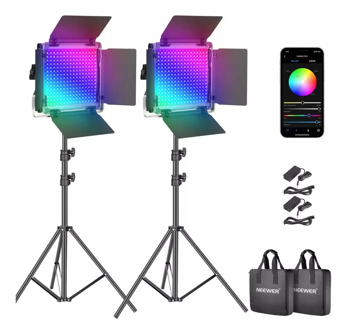Luz LED de fotografia de vídeo do painel Neewer Rgb 660pro Suporta 2 unidades de estrutura preta e branca