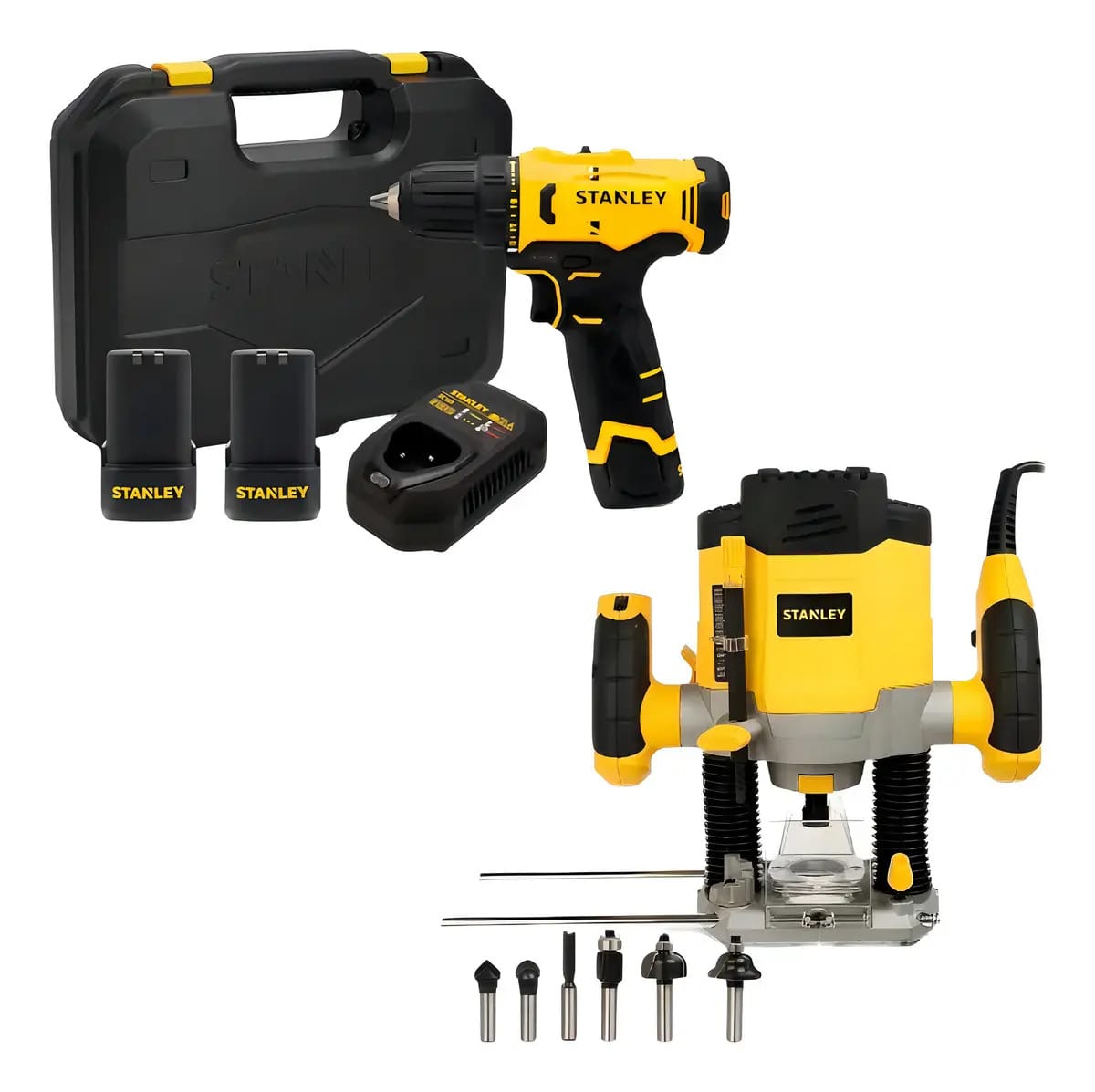 Conjunto de kit de perfuração sem fio Stanley, furadeira de mandril de 12 v e 10 mm, fresadora de roteador com acessórios