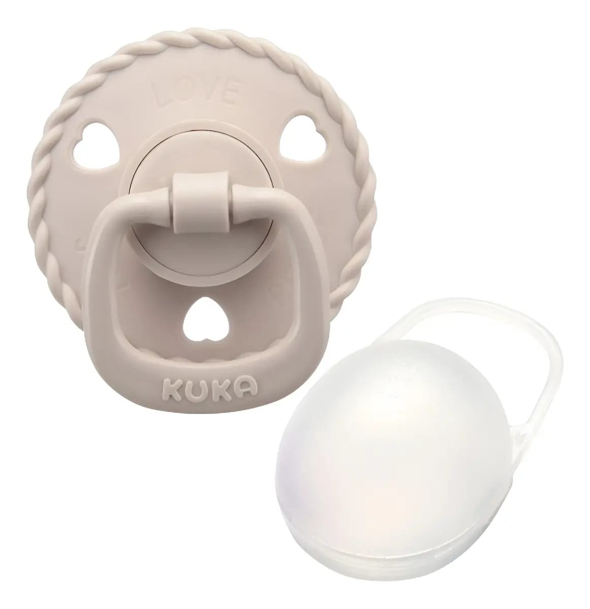 Kit Chupeta Kuka Classic Redonda de Silicone, 0-6 Meses, com Porta-Chupeta Transparente Cor Bege
