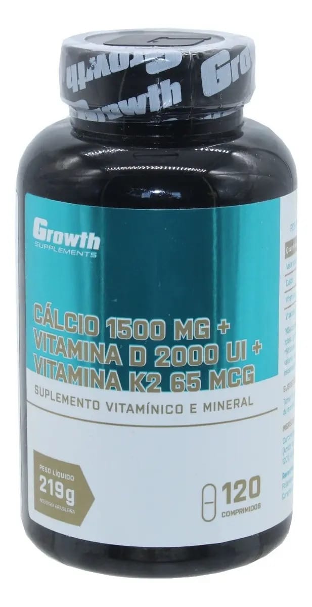 Calcio 1500mg Vitamina D + K2 Growth 120 Comp. Suplemento Sabor Natural