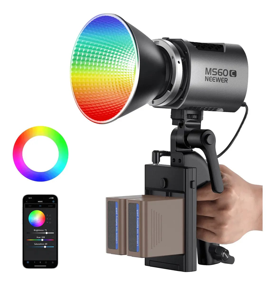 Iluminador Led Neewer Ms60c Rgb 65w Spotlight Bowens Estrutura Preto