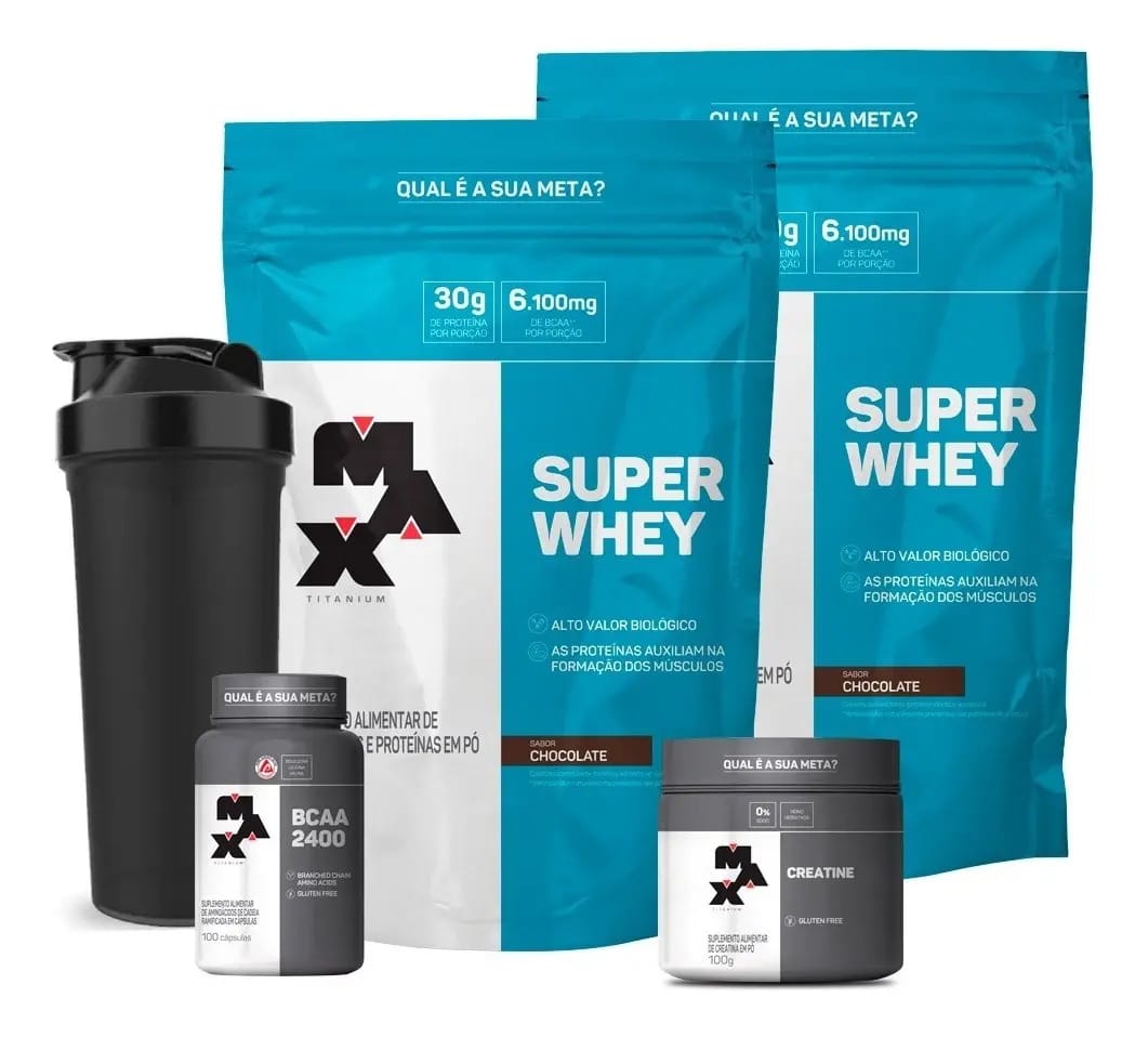 2x Super Whey 900gr + Bcaa + Creatina - Max Titanium Sabor Morango