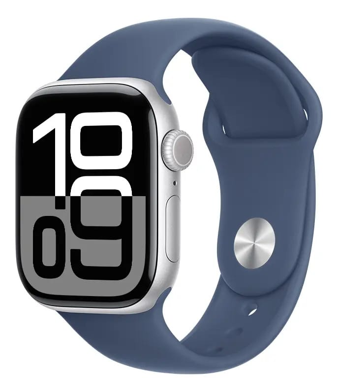 Apple Watch Series 10 GPS • Caixa prateada de alumínio – 42 mm • Pulseira esportiva denim M/G