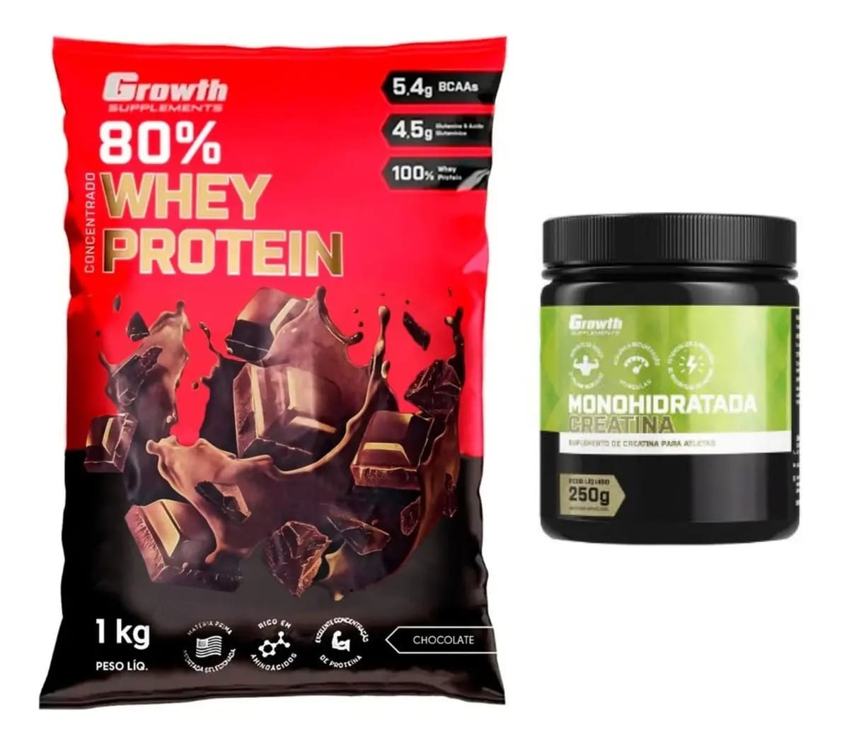 Kit Whey Protein 80% + Creatina Monohidratada - Growth Sabor Chocolate