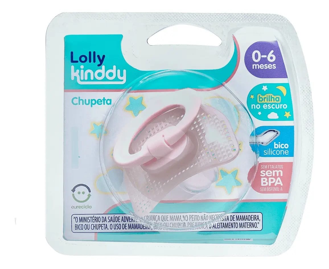 Chupeta Lolly Brilha No Escuro 0-6 Meses Rosa Bico Silicone