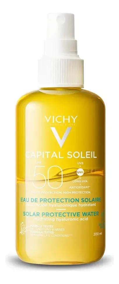 Água Solar Protetora Corporal Hidratante com Ácido Hialurônico e Vitamina E, Proteção Avançada UVA/UVB FPS50 Capital Soleil Vichy 200ml