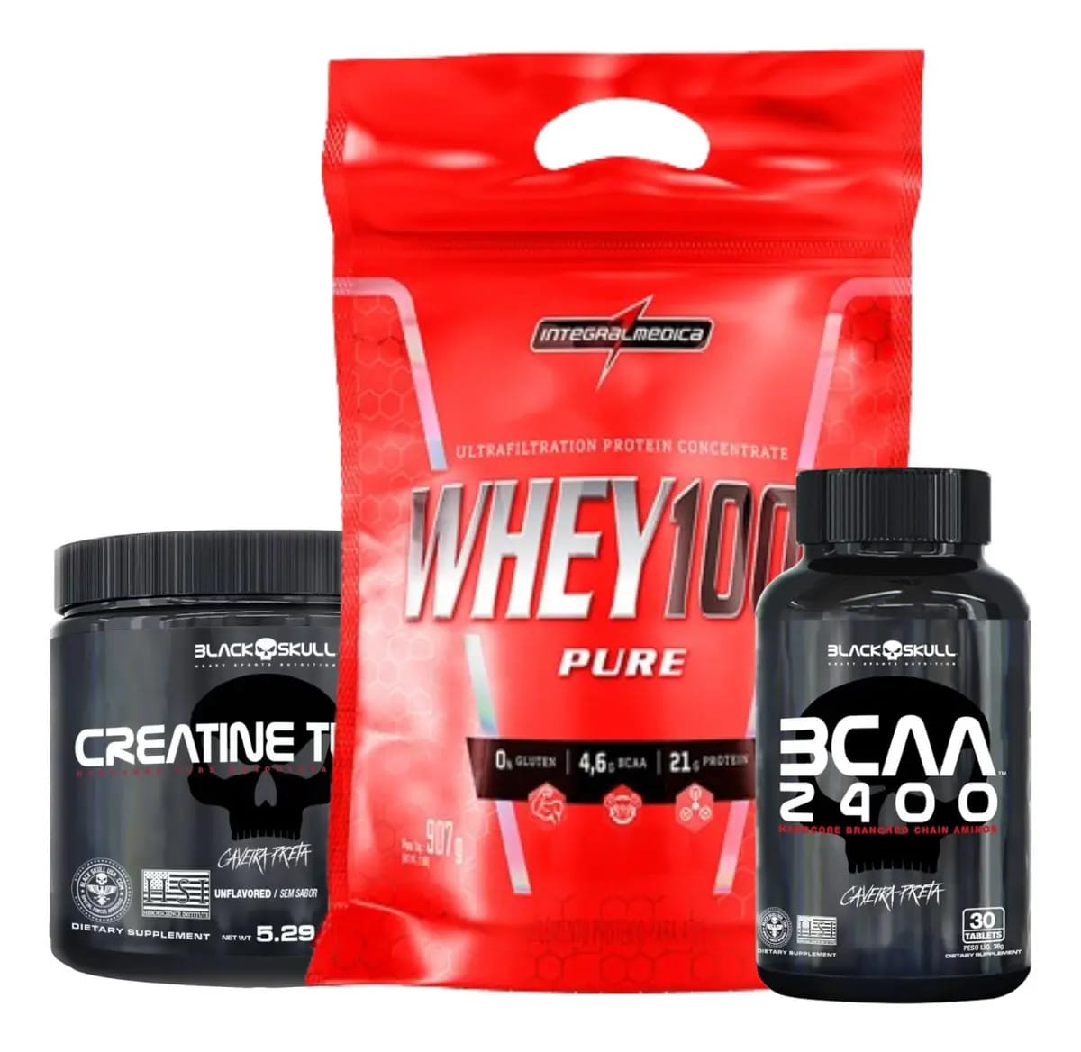 Combo Whey Integralmédica + Creatina Black Skull 150g + Bcaa Sabor Baunilha