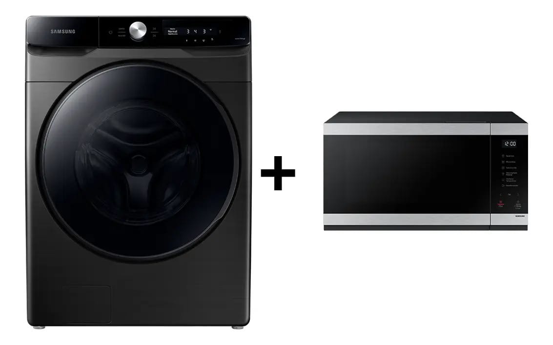 Lavadora frontal Samsung 22kg + Microondas 40l preta - prata