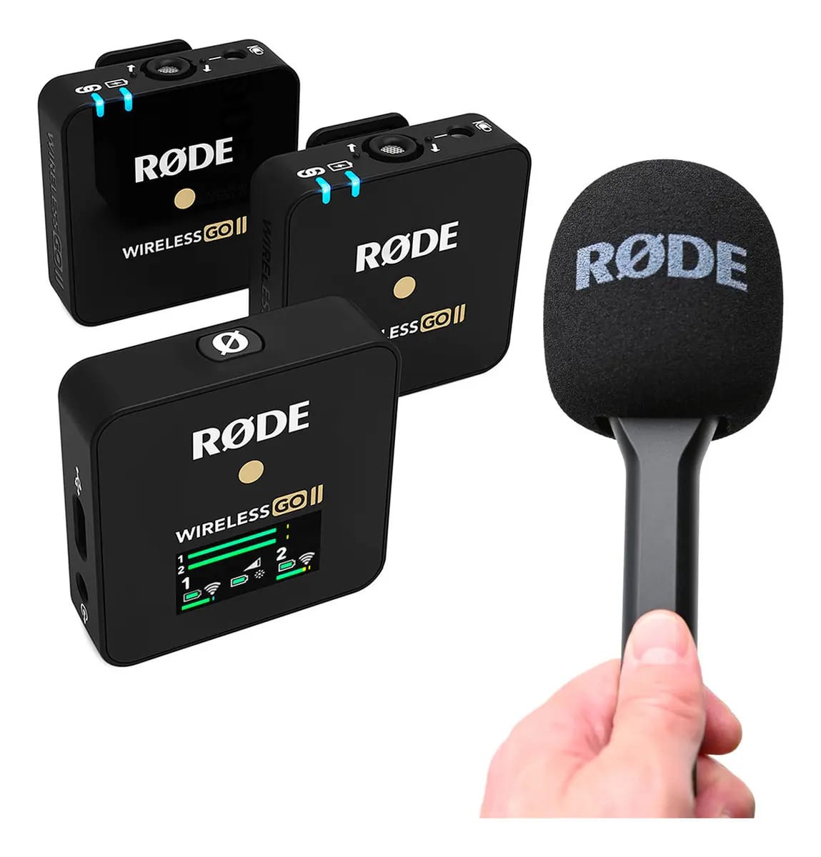 Microfone Rode Wireless Go Ii e suporte portátil Interview Go, cor preta