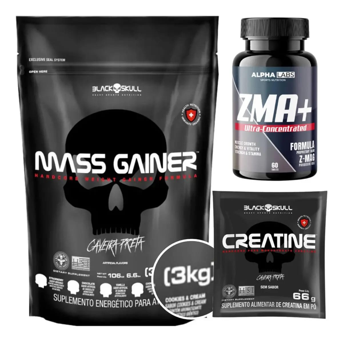 Hipercalórico 3kg + Creatina Black Skull 66g + Zma 60 Tabs Sabor Baunilha