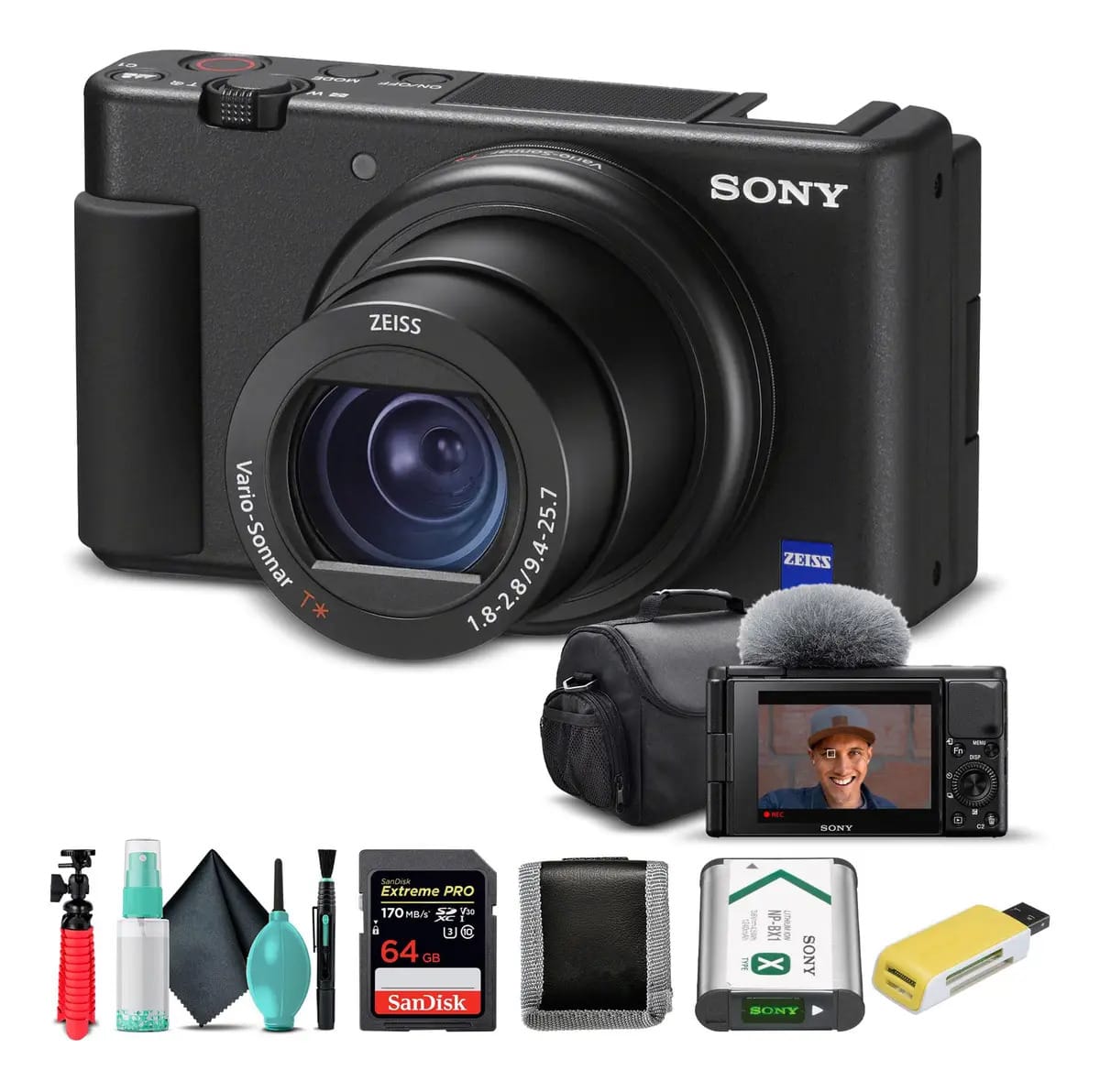Câmera digital preta Sony ZV-1 com cartão de memória de 64