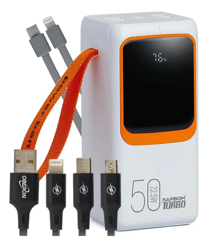 kit Carregador Power Bank Portátil 50000mah Turbo Para Celular Compatível Com Samsung Xiaomi iPhone Bateria Display Digital Brinde Cabo 3 Em 1 Mini Usb Tipo Cor Branco