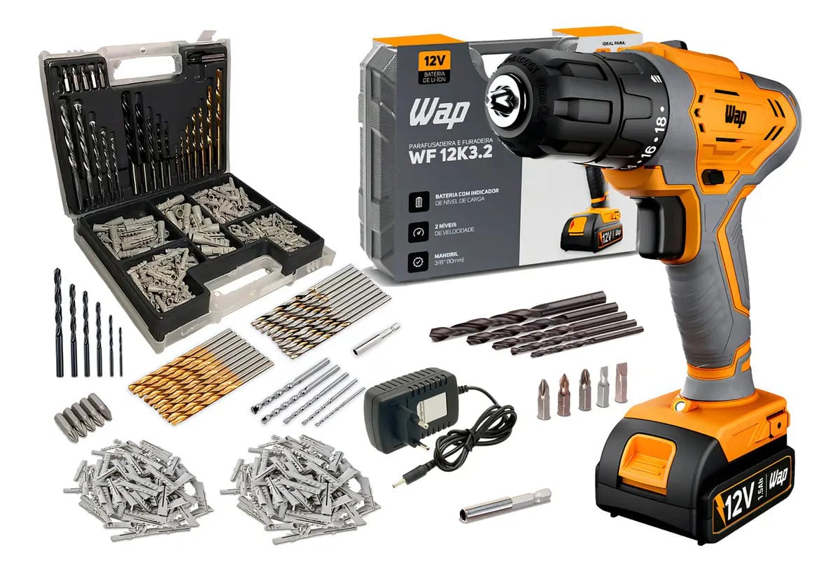 Parafusadeira Furadeira Wap Wf12k3.2 A Bateria + 300 Pçs Cor Amarelo