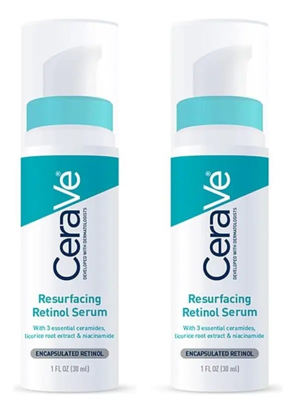 Cerave Resurfacing Retinol Serum 30ml para pele 2 frascos Horário de aplicação Dia/Noite Tipo de pele Todos os tipos de pele