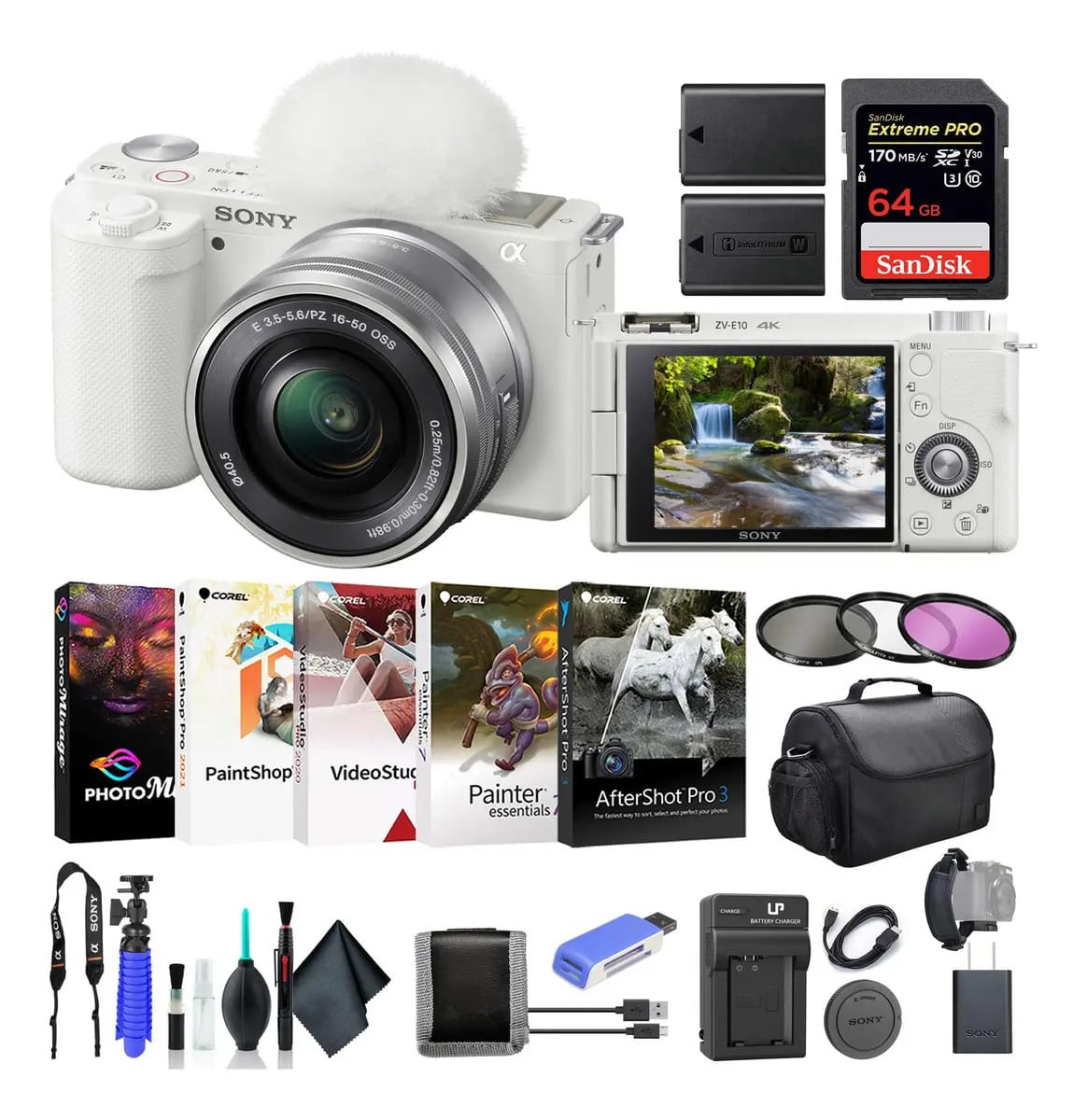 Câmera sem espelho Sony ZV-e10 com lente branca de 16-50 mm