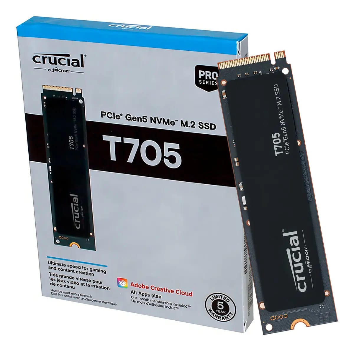 M.2 Crucial T705 Pci-e Nvme Gen5 1tb Leituras: 13600mb/s E Gravações: 10200mb/s - Ct1000t705ssd3 Cor Preto