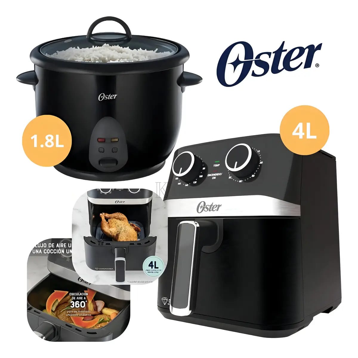 Fritadeira Combo Oster Air 4l Manual+Panela de arroz 1,8 litros, cor preta