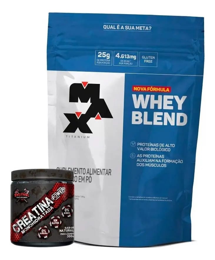 Whey Blend Max Titanium + Creatina Power Bruthal Sabor Morango