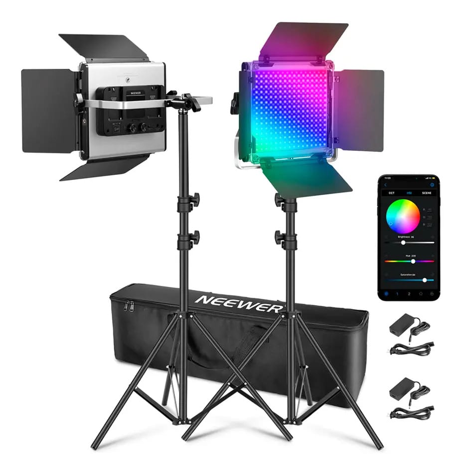 Kit de duas luzes de vídeo LED RGB NEEWER 660 PRO II aprimoradas com controle por aplicativo e tripé, 50W/Escurecimento mínimo de 1%/CRI 97+/3200~5600K, iluminação principal para transmissão de jogos,