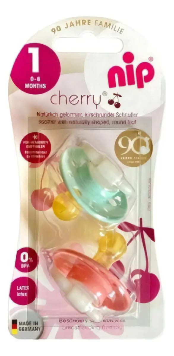 Pacote de chupeta redonda Nip Cherry X 2. Tamanho 1. Período de idade verde e rosa de 0 a 6 meses