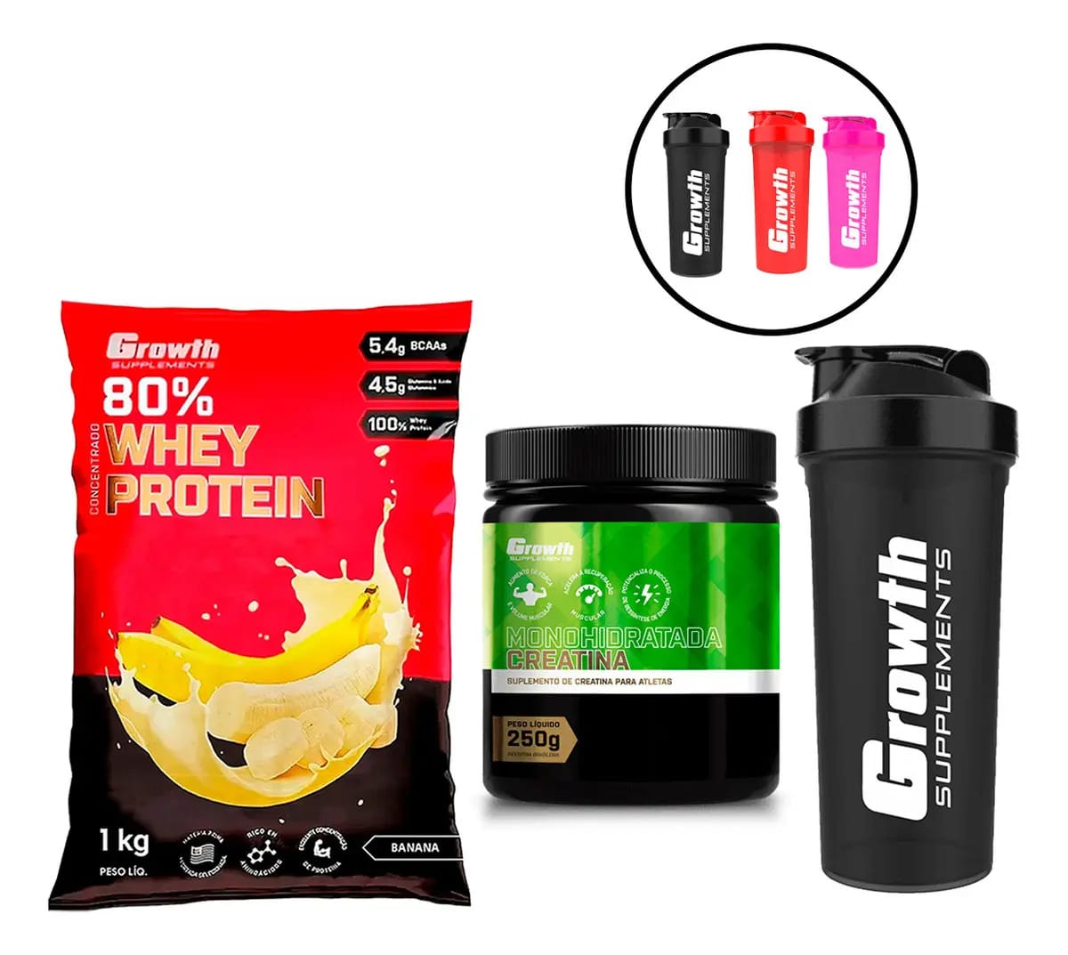 Kit Whey + Creatina Monohidratada E Coqueteleira Growth Sabor Banana