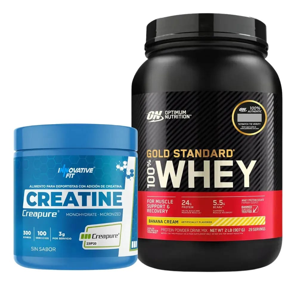 Proteína de soro de leite Optimum Nutrition + Creatina Creapure 899g de banana