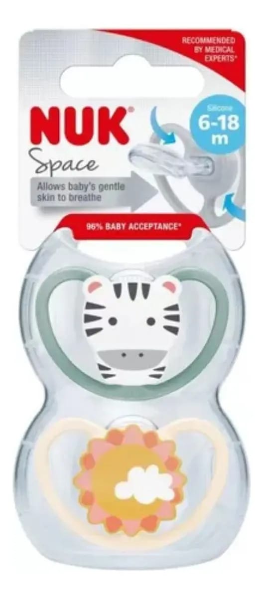 Chupeta de bebê Nuk Space Animal X2u, 0-36 m, cor, zebra e sol, período de idade: 6-18 m